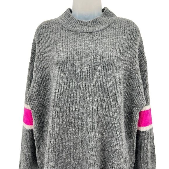 John & Jenn Varsity Stripe Gray Pink Mock Neck Pullover Sweater Top Large NEW - Picture 3 of 11